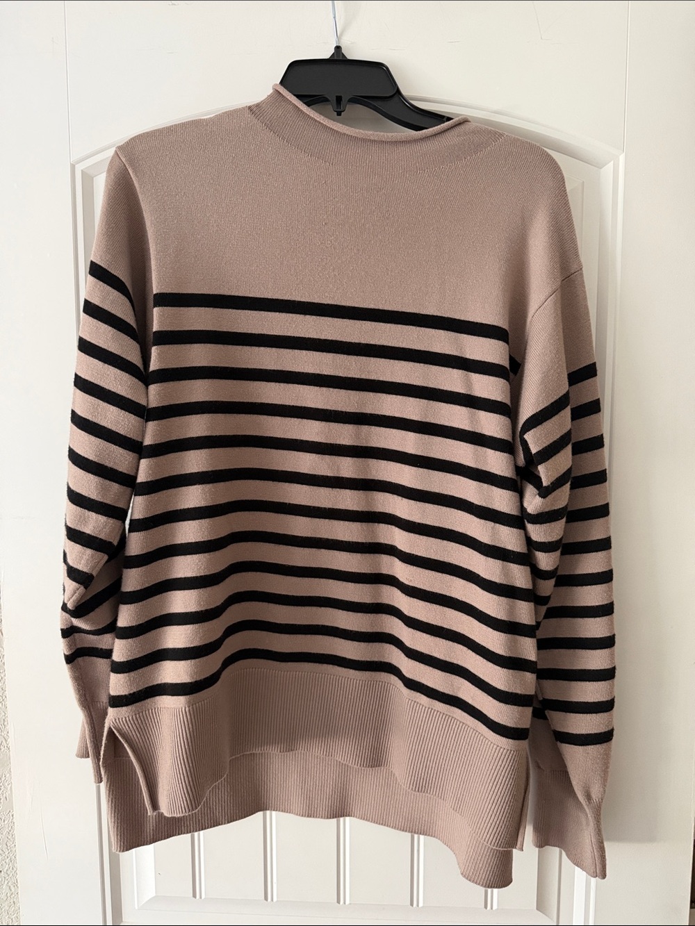 Women Striped Crewneck Sweater - Taupe and Black